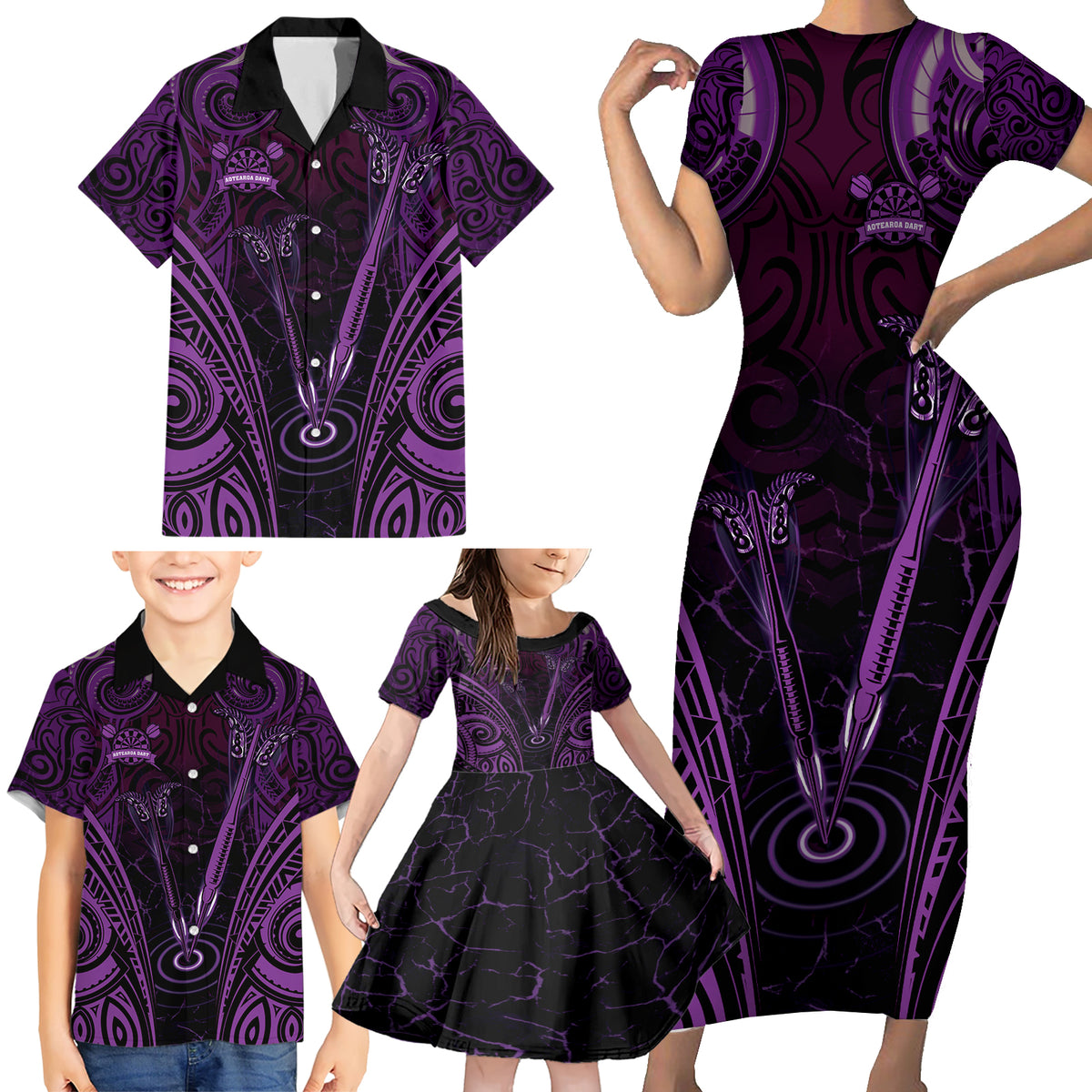 Personalised New Zealand Darts Family Matching Short Sleeve Bodycon Dress and Hawaiian Shirt Purple Dart Board Maori Pattern LT05 - Polynesian Pride