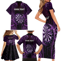 Personalised New Zealand Darts Family Matching Short Sleeve Bodycon Dress and Hawaiian Shirt Purple Dart Board Maori Pattern LT05 - Polynesian Pride