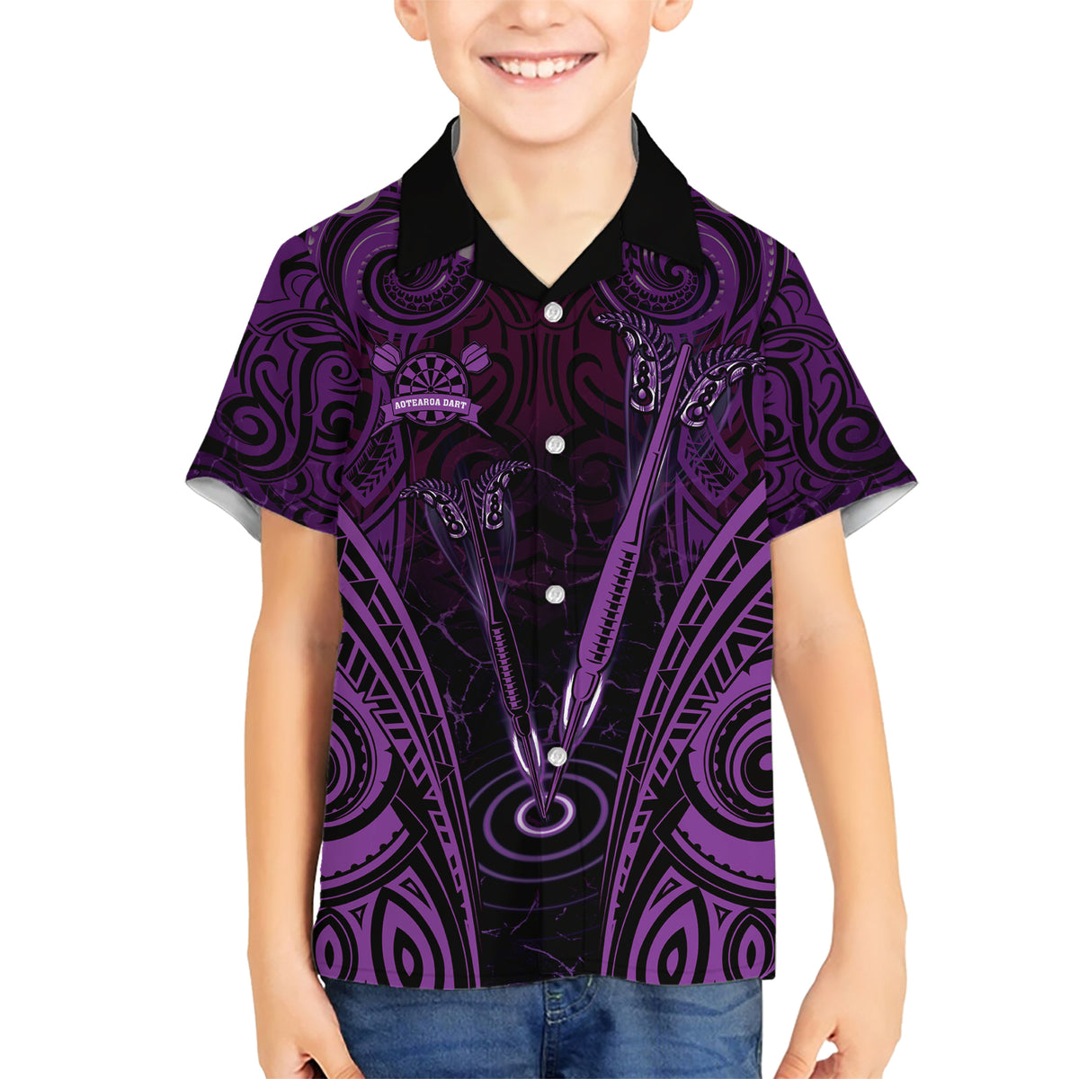 Personalised New Zealand Darts Family Matching Short Sleeve Bodycon Dress and Hawaiian Shirt Purple Dart Board Maori Pattern LT05 Son's Shirt Purple - Polynesian Pride