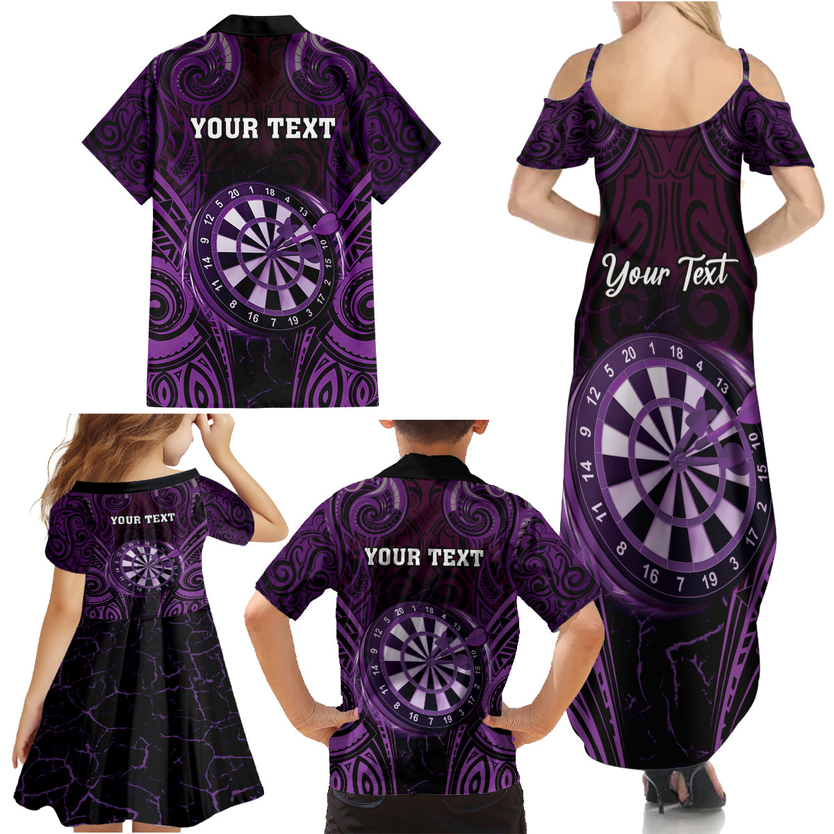 Personalised New Zealand Darts Family Matching Summer Maxi Dress and Hawaiian Shirt Purple Dart Board Maori Pattern LT05 - Polynesian Pride