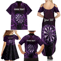 Personalised New Zealand Darts Family Matching Summer Maxi Dress and Hawaiian Shirt Purple Dart Board Maori Pattern LT05 - Polynesian Pride