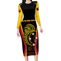 Custom Papua New Guinea Cricket Family Matching Long Sleeve Bodycon Dress and Hawaiian Shirt 2024 World Cup LT05 Mom's Dress Black - Polynesian Pride