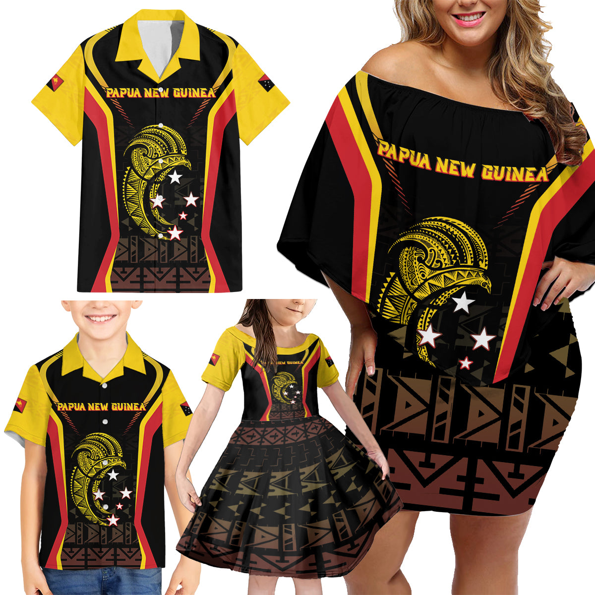 Custom Papua New Guinea Cricket Family Matching Off Shoulder Short Dress and Hawaiian Shirt 2024 World Cup LT05 - Polynesian Pride