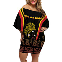 Custom Papua New Guinea Cricket Family Matching Off Shoulder Short Dress and Hawaiian Shirt 2024 World Cup LT05 Mom's Dress Black - Polynesian Pride