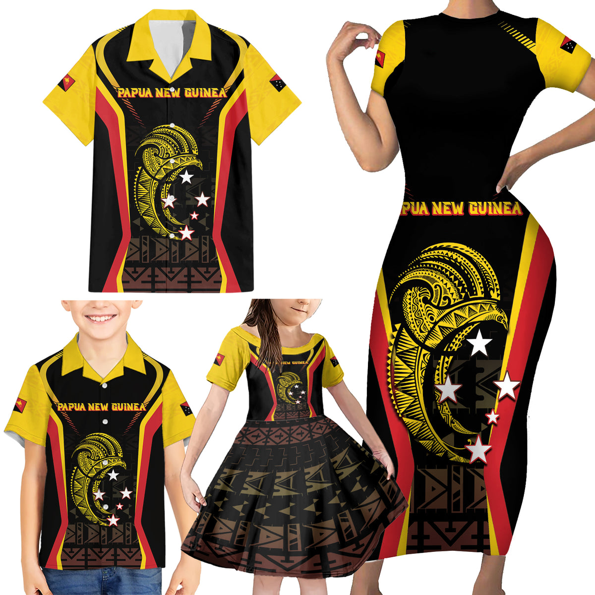 Custom Papua New Guinea Cricket Family Matching Short Sleeve Bodycon Dress and Hawaiian Shirt 2024 World Cup LT05 - Polynesian Pride