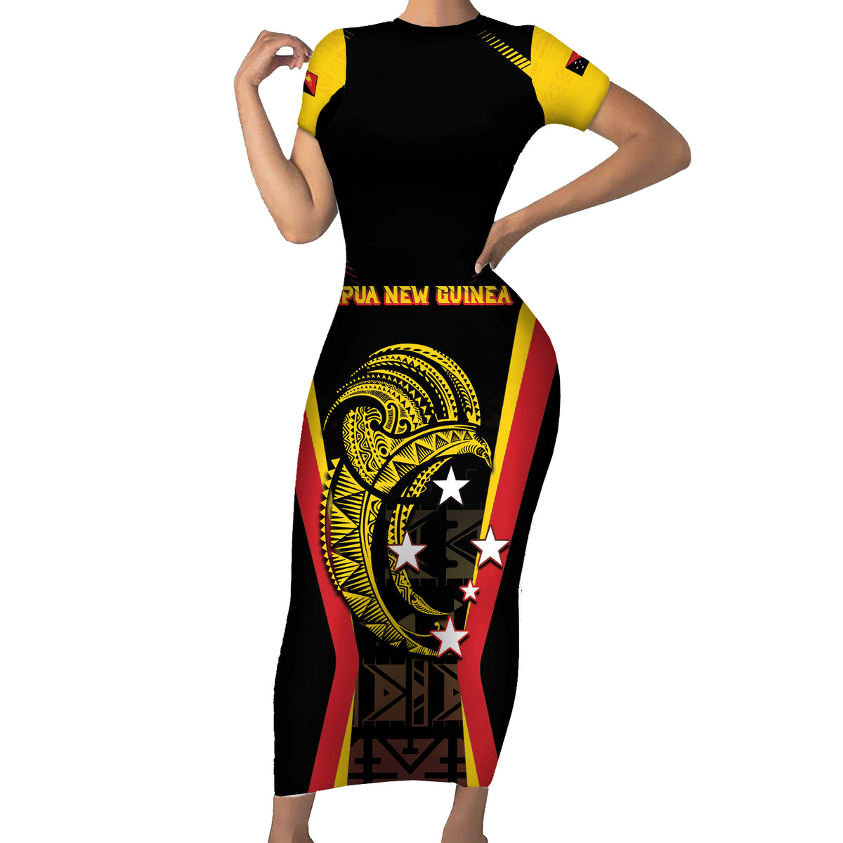 Custom Papua New Guinea Cricket Family Matching Short Sleeve Bodycon Dress and Hawaiian Shirt 2024 World Cup LT05 Mom's Dress Black - Polynesian Pride