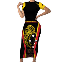 Custom Papua New Guinea Cricket Family Matching Short Sleeve Bodycon Dress and Hawaiian Shirt 2024 World Cup LT05 Mom's Dress Black - Polynesian Pride