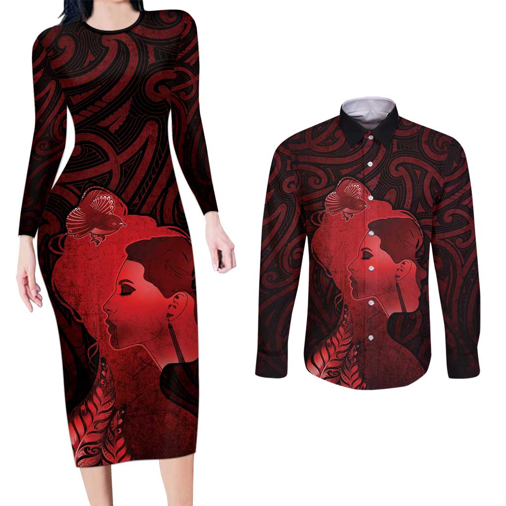 Aotearoa Mana Wahine Couples Matching Long Sleeve Bodycon Dress and Long Sleeve Button Shirt The Spiritual Power Of Women LT05 Red - Polynesian Pride