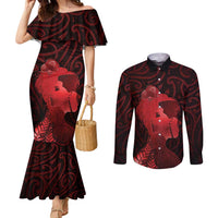 Aotearoa Mana Wahine Couples Matching Mermaid Dress and Long Sleeve Button Shirt The Spiritual Power Of Women LT05 Red - Polynesian Pride