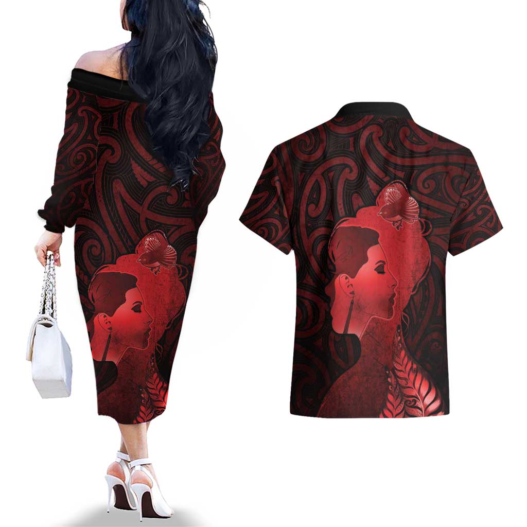 Aotearoa Mana Wahine Couples Matching Off The Shoulder Long Sleeve Dress and Hawaiian Shirt The Spiritual Power Of Women LT05 - Polynesian Pride