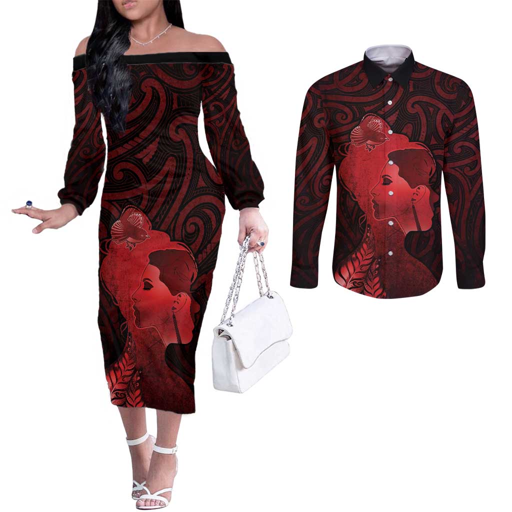 Aotearoa Mana Wahine Couples Matching Off The Shoulder Long Sleeve Dress and Long Sleeve Button Shirt The Spiritual Power Of Women LT05 Red - Polynesian Pride