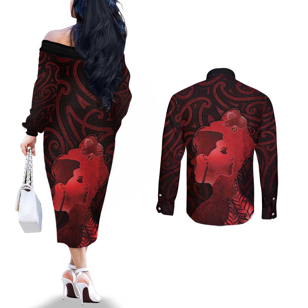 Aotearoa Mana Wahine Couples Matching Off The Shoulder Long Sleeve Dress and Long Sleeve Button Shirt The Spiritual Power Of Women LT05 - Polynesian Pride