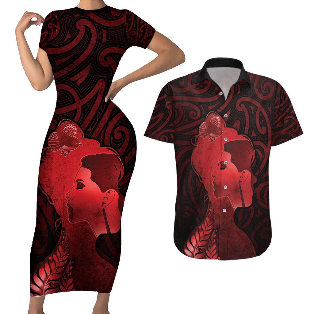 Aotearoa Mana Wahine Couples Matching Short Sleeve Bodycon Dress and Hawaiian Shirt The Spiritual Power Of Women LT05 Red - Polynesian Pride