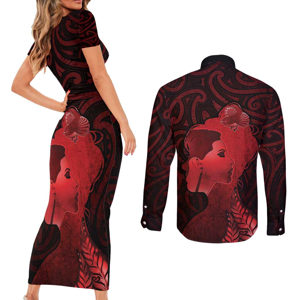 Aotearoa Mana Wahine Couples Matching Short Sleeve Bodycon Dress and Long Sleeve Button Shirt The Spiritual Power Of Women LT05 - Polynesian Pride