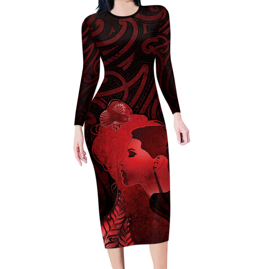 Aotearoa Mana Wahine Family Matching Long Sleeve Bodycon Dress and Hawaiian Shirt The Spiritual Power Of Women LT05 Mom's Dress Red - Polynesian Pride