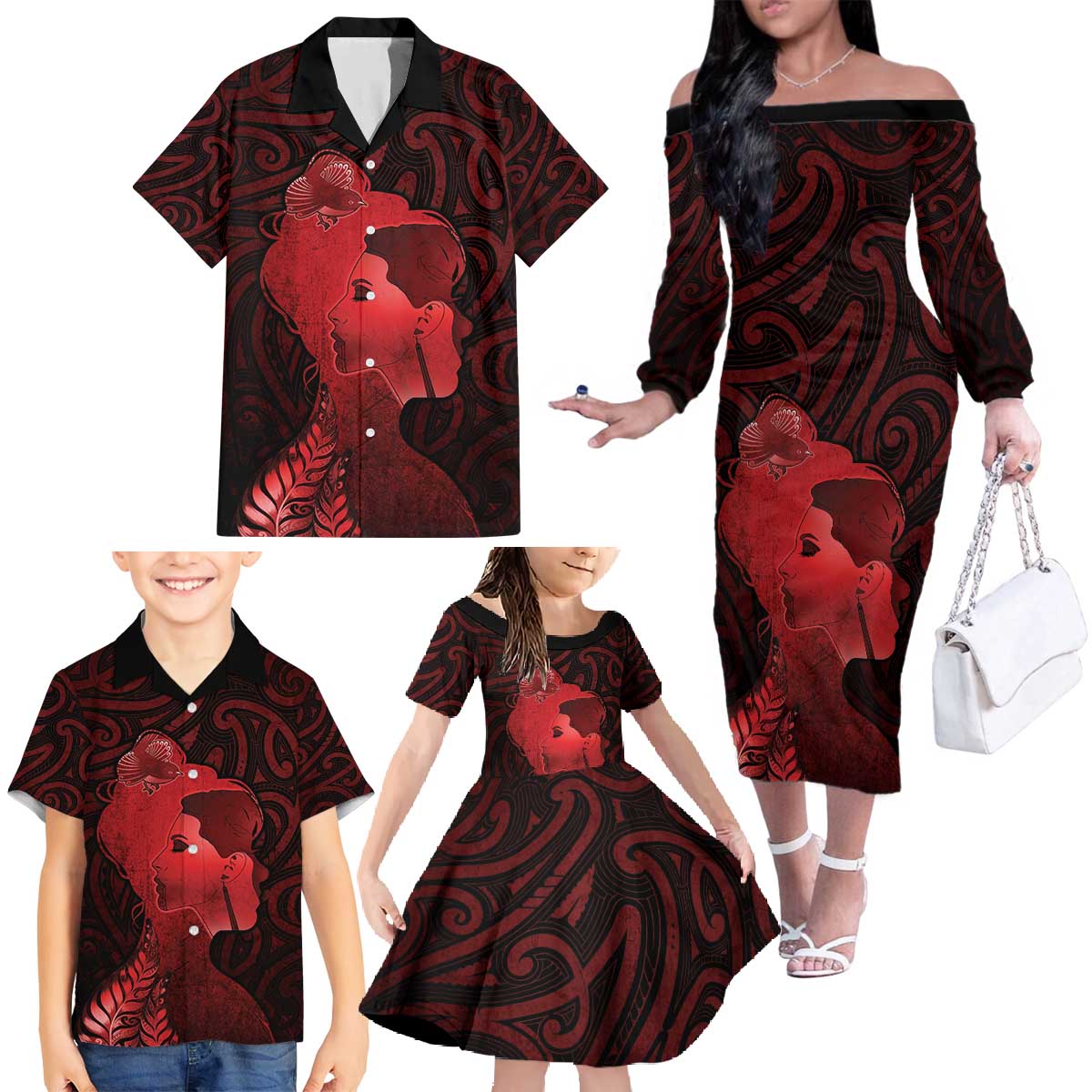 Aotearoa Mana Wahine Family Matching Off The Shoulder Long Sleeve Dress and Hawaiian Shirt The Spiritual Power Of Women LT05 - Polynesian Pride