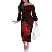 Aotearoa Mana Wahine Family Matching Off The Shoulder Long Sleeve Dress and Hawaiian Shirt The Spiritual Power Of Women LT05 Mom's Dress Red - Polynesian Pride