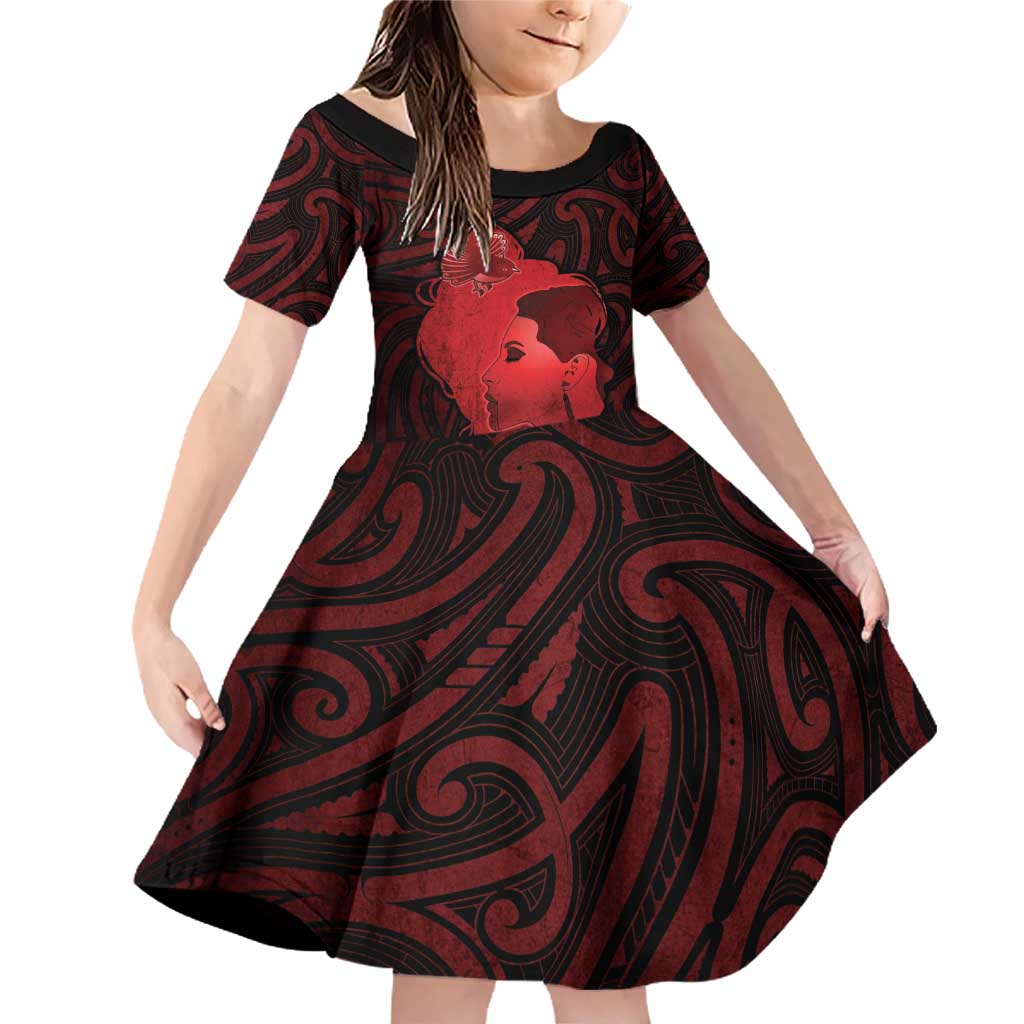 Aotearoa Mana Wahine Family Matching Off Shoulder Short Dress and Hawaiian Shirt The Spiritual Power Of Women LT05 Daughter's Dress Red - Polynesian Pride
