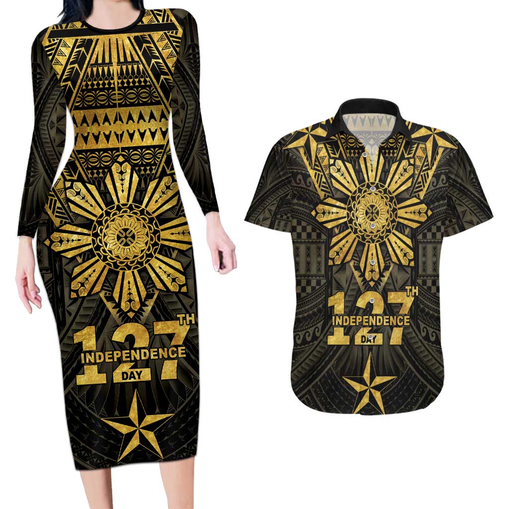 Personalised Philippines Independence Day Couples Matching Long Sleeve Bodycon Dress and Hawaiian Shirt Filipinos Sun Star Tribal LT05 Gold - Polynesian Pride
