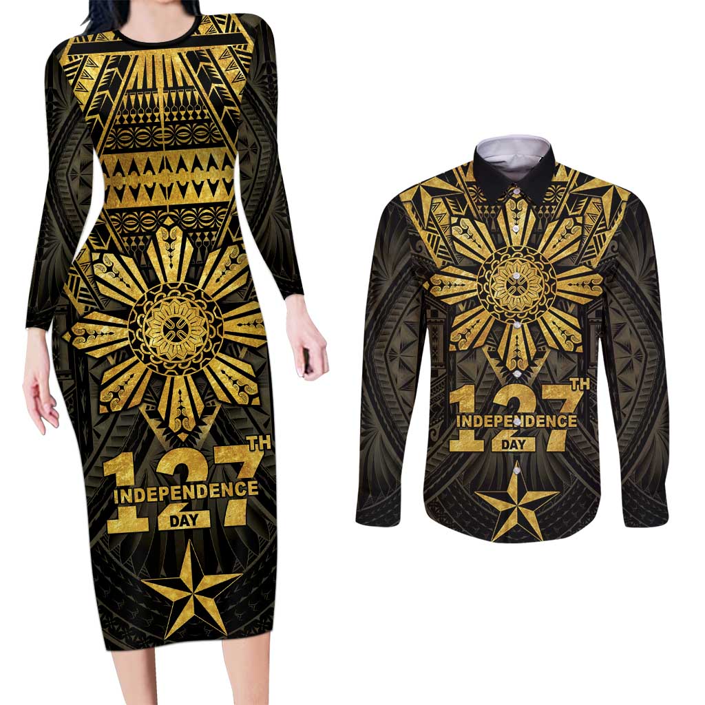 Personalised Philippines Independence Day Couples Matching Long Sleeve Bodycon Dress and Long Sleeve Button Shirt Filipinos Sun Star Tribal LT05 Gold - Polynesian Pride