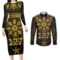 Personalised Philippines Independence Day Couples Matching Long Sleeve Bodycon Dress and Long Sleeve Button Shirt Filipinos Sun Star Tribal LT05 Gold - Polynesian Pride