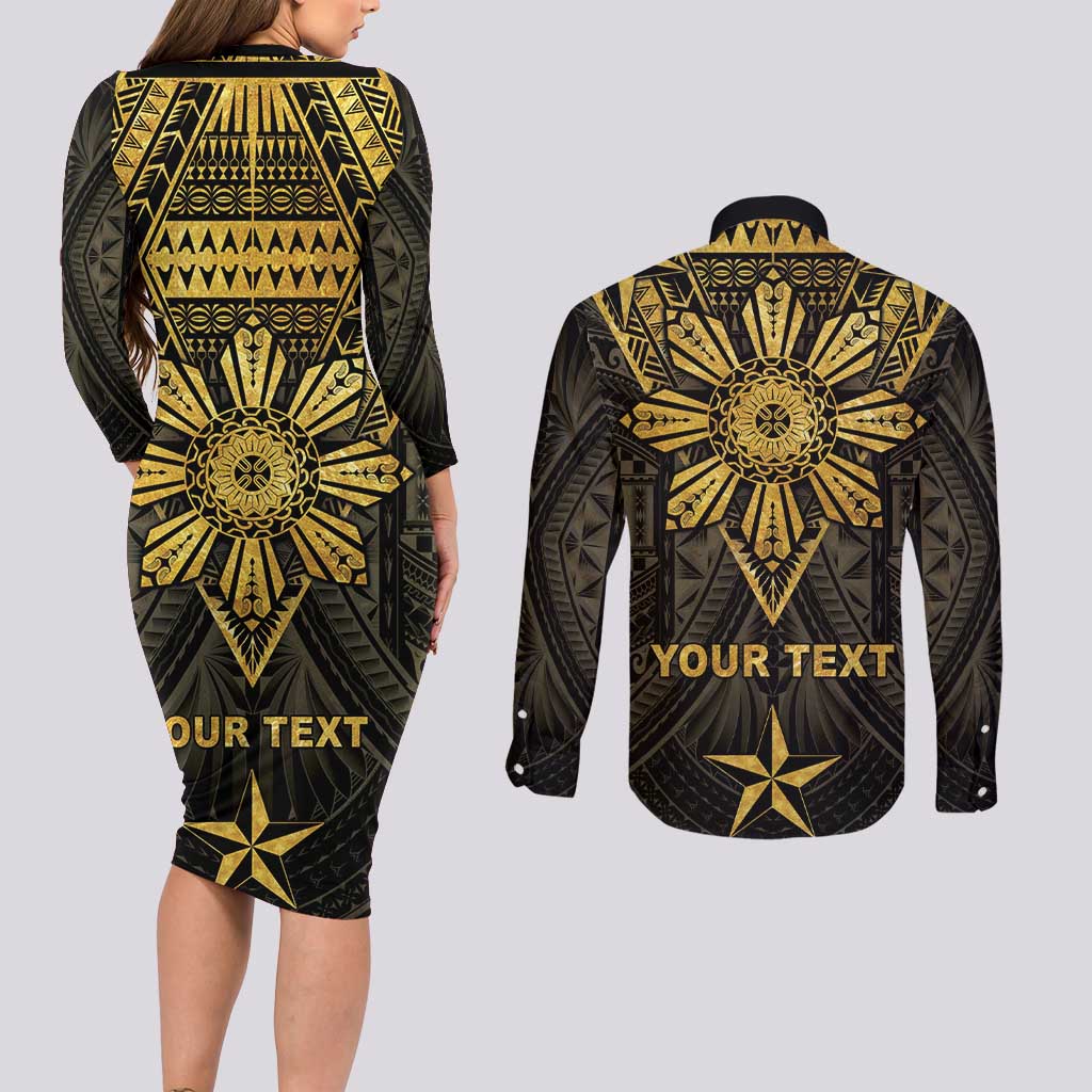 Personalised Philippines Independence Day Couples Matching Long Sleeve Bodycon Dress and Long Sleeve Button Shirt Filipinos Sun Star Tribal LT05 - Polynesian Pride