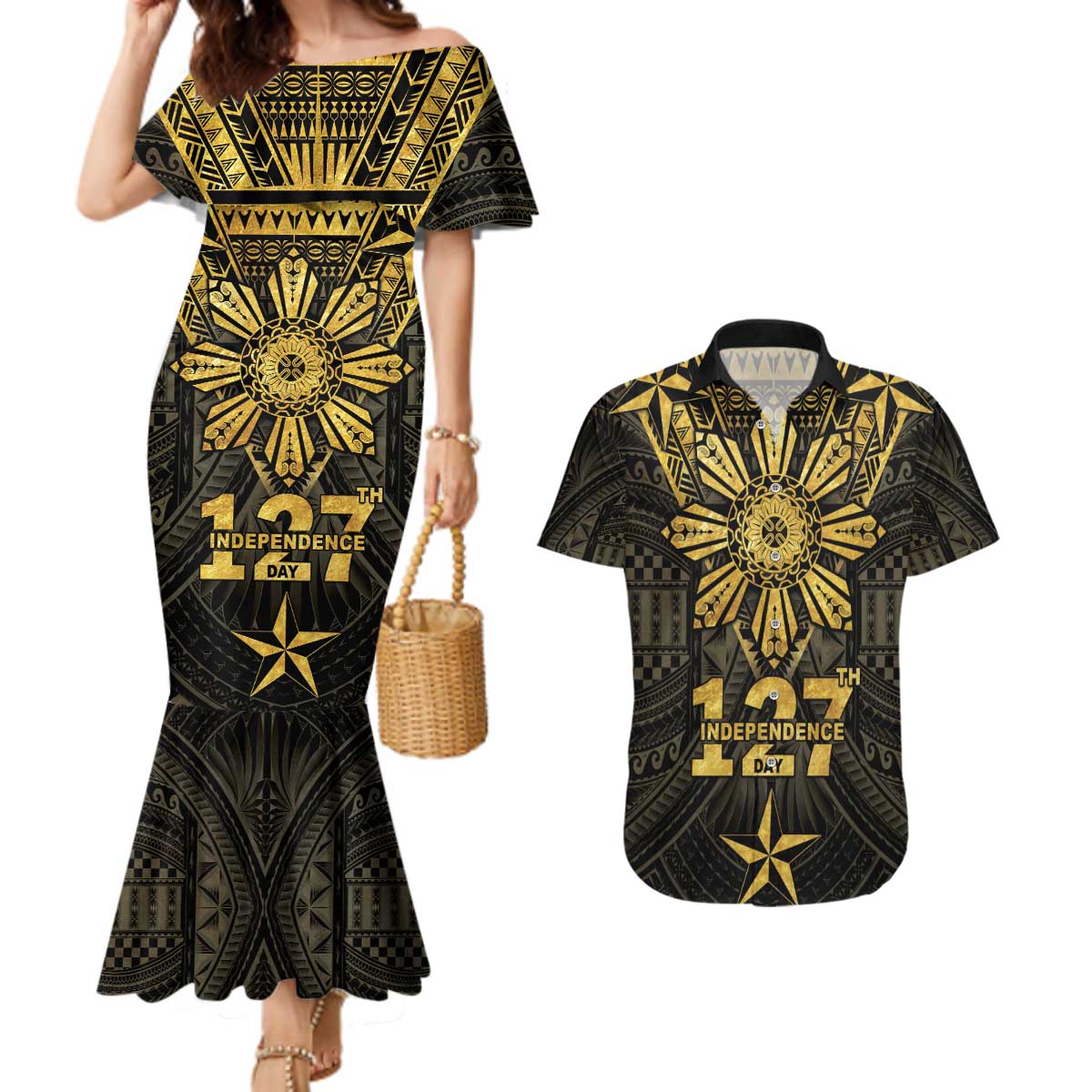 Personalised Philippines Independence Day Couples Matching Mermaid Dress and Hawaiian Shirt Filipinos Sun Star Tribal
