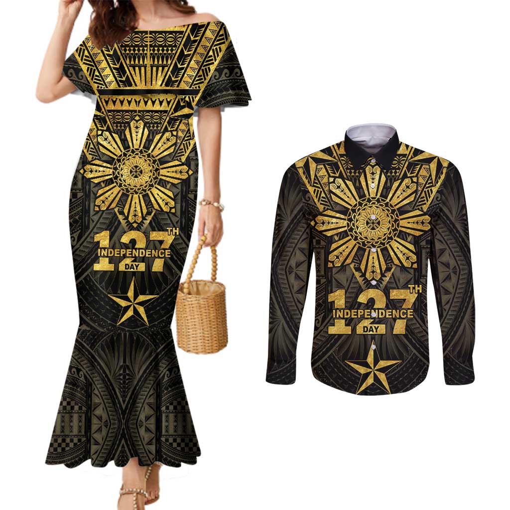 Personalised Philippines Independence Day Couples Matching Mermaid Dress and Long Sleeve Button Shirt Filipinos Sun Star Tribal