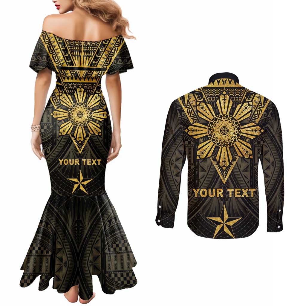 Personalised Philippines Independence Day Couples Matching Mermaid Dress and Long Sleeve Button Shirt Filipinos Sun Star Tribal