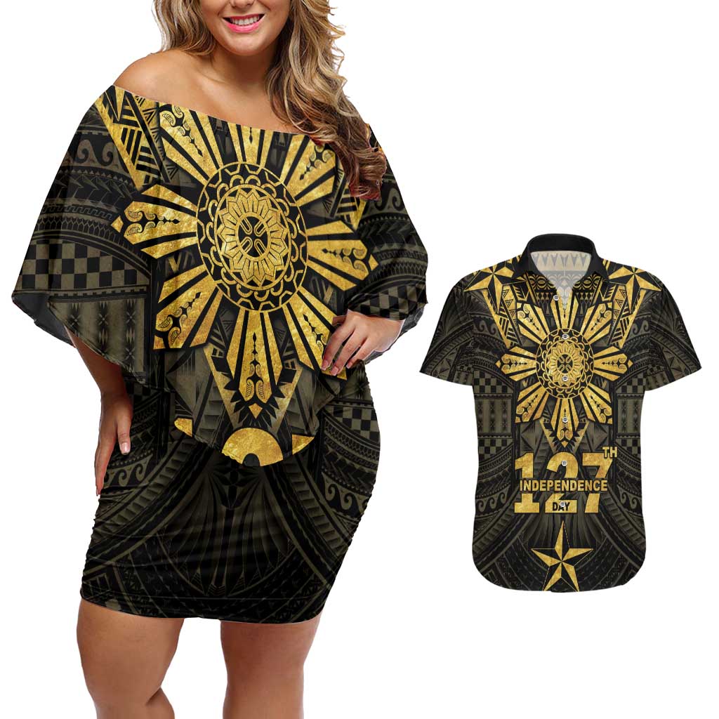 Personalised Philippines Independence Day Couples Matching Off Shoulder Short Dress and Hawaiian Shirt Filipinos Sun Star Tribal LT05 Gold - Polynesian Pride