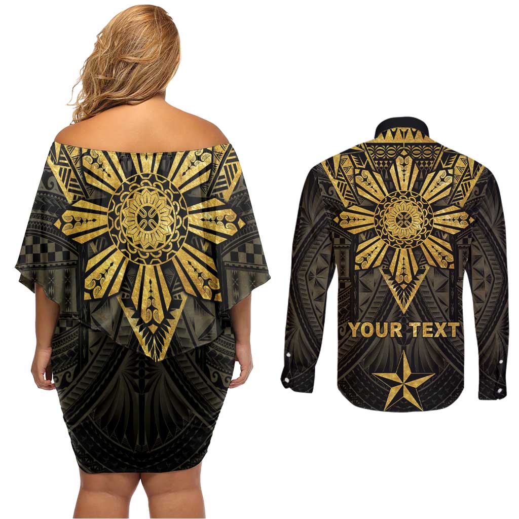 Personalised Philippines Independence Day Couples Matching Off Shoulder Short Dress and Long Sleeve Button Shirt Filipinos Sun Star Tribal