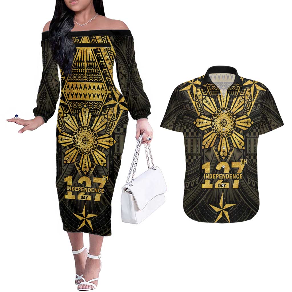 Personalised Philippines Independence Day Couples Matching Off The Shoulder Long Sleeve Dress and Hawaiian Shirt Filipinos Sun Star Tribal LT05 Gold - Polynesian Pride