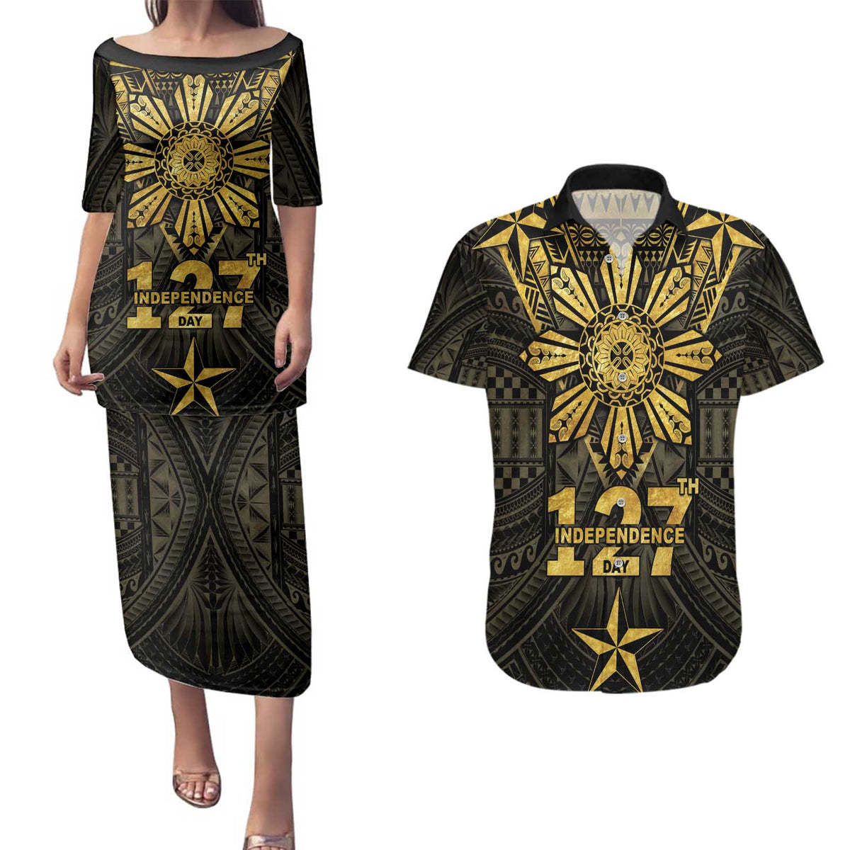 Personalised Philippines Independence Day Couples Matching Puletasi and Hawaiian Shirt Filipinos Sun Star Tribal
