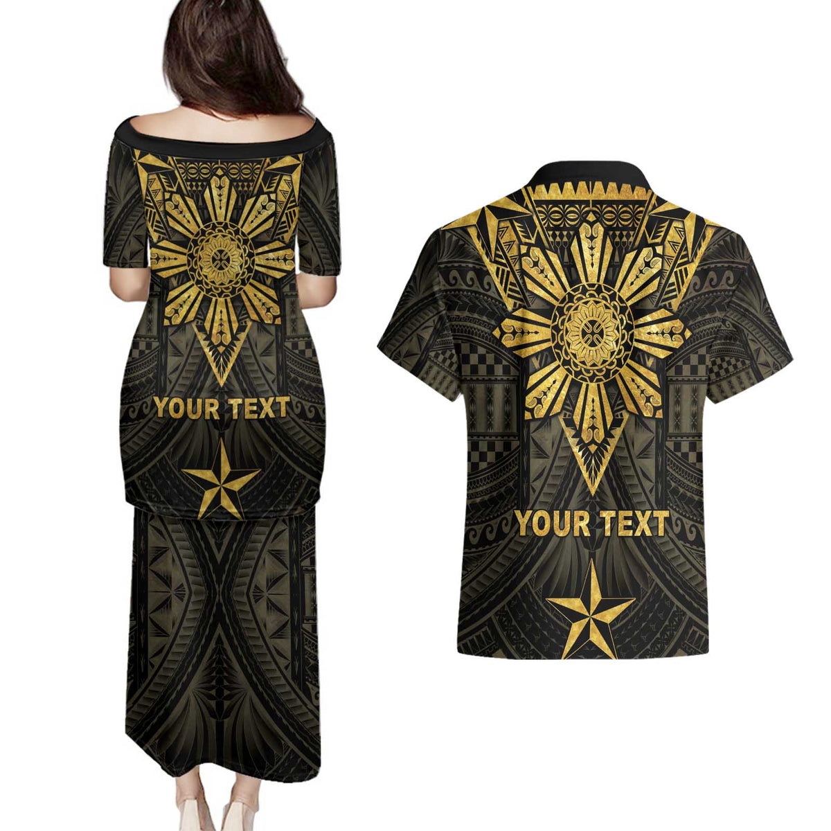 Personalised Philippines Independence Day Couples Matching Puletasi and Hawaiian Shirt Filipinos Sun Star Tribal