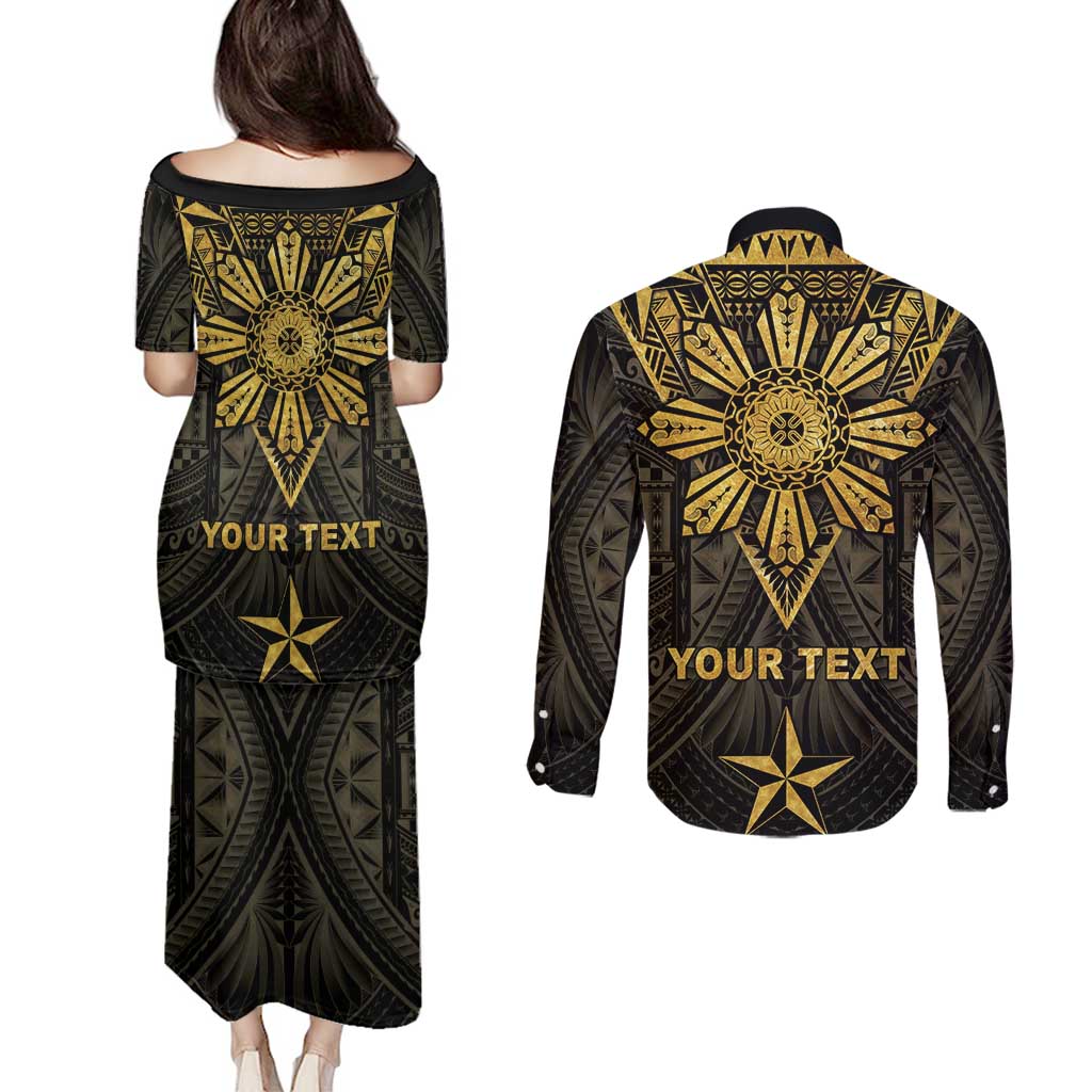 Personalised Philippines Independence Day Couples Matching Puletasi and Long Sleeve Button Shirt Filipinos Sun Star Tribal