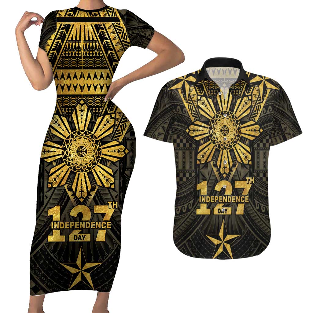 Personalised Philippines Independence Day Couples Matching Short Sleeve Bodycon Dress and Hawaiian Shirt Filipinos Sun Star Tribal LT05 Gold - Polynesian Pride