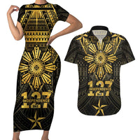 Personalised Philippines Independence Day Couples Matching Short Sleeve Bodycon Dress and Hawaiian Shirt Filipinos Sun Star Tribal LT05 Gold - Polynesian Pride