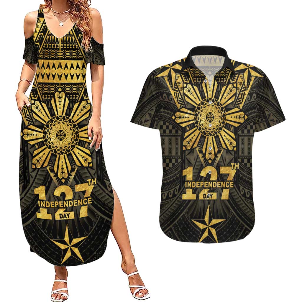 Personalised Philippines Independence Day Couples Matching Summer Maxi Dress and Hawaiian Shirt Filipinos Sun Star Tribal LT05 Gold - Polynesian Pride