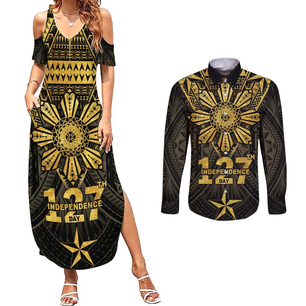 Personalised Philippines Independence Day Couples Matching Summer Maxi Dress and Long Sleeve Button Shirt Filipinos Sun Star Tribal