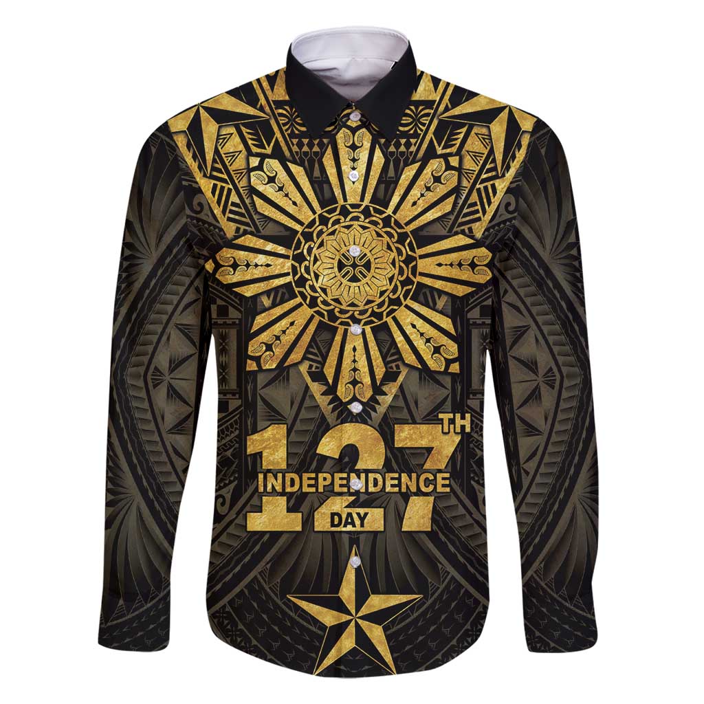 Personalised Philippines Independence Day Family Matching Mermaid Dress and Hawaiian Shirt Filipinos Sun Star Tribal LT05 Dad's Shirt - Long Sleeve Gold - Polynesian Pride