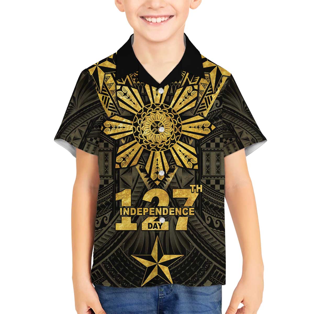 Personalised Philippines Independence Day Family Matching Off The Shoulder Long Sleeve Dress and Hawaiian Shirt Filipinos Sun Star Tribal LT05 Son's Shirt Gold - Polynesian Pride