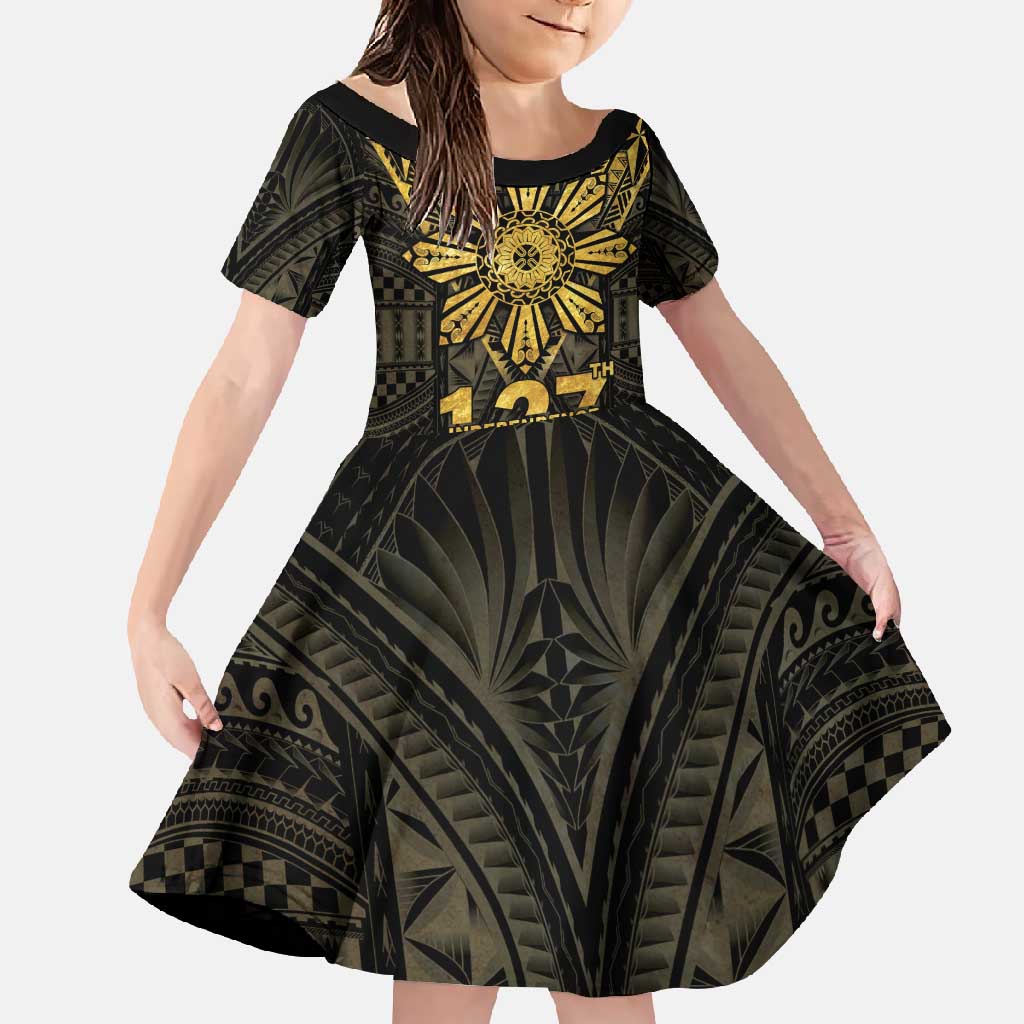 Personalised Philippines Independence Day Family Matching Off Shoulder Maxi Dress and Hawaiian Shirt Filipinos Sun Star Tribal LT05 Daughter's Dress Gold - Polynesian Pride