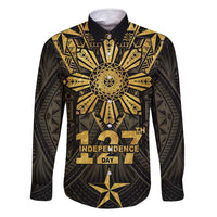 Personalised Philippines Independence Day Family Matching Off Shoulder Maxi Dress and Hawaiian Shirt Filipinos Sun Star Tribal LT05 Dad's Shirt - Long Sleeve Gold - Polynesian Pride