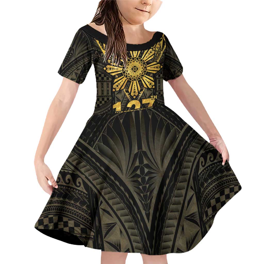 Personalised Philippines Independence Day Family Matching Off Shoulder Short Dress and Hawaiian Shirt Filipinos Sun Star Tribal LT05 Daughter's Dress Gold - Polynesian Pride