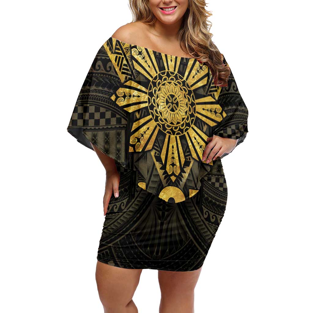 Personalised Philippines Independence Day Family Matching Off Shoulder Short Dress and Hawaiian Shirt Filipinos Sun Star Tribal LT05 Mom's Dress Gold - Polynesian Pride