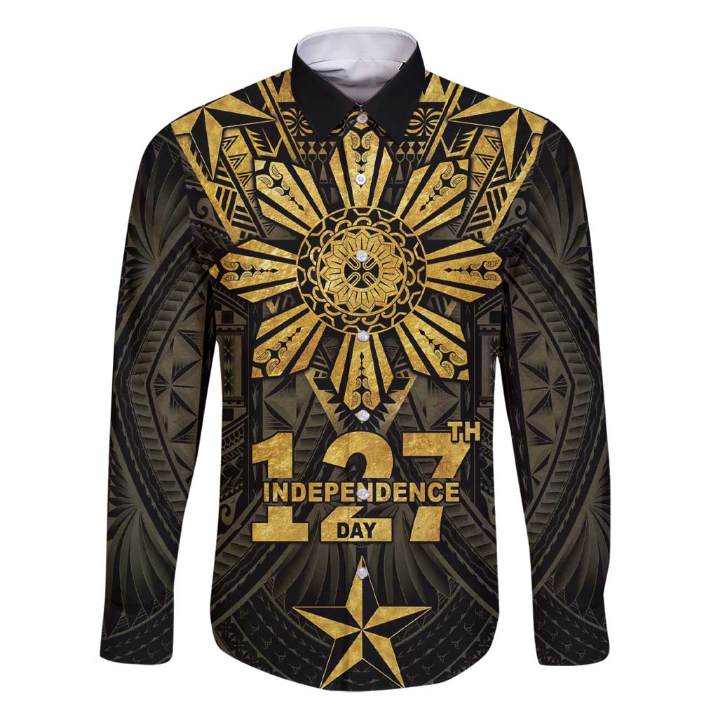 Personalised Philippines Independence Day Family Matching Short Sleeve Bodycon Dress and Hawaiian Shirt Filipinos Sun Star Tribal LT05 Dad's Shirt - Long Sleeve Gold - Polynesian Pride