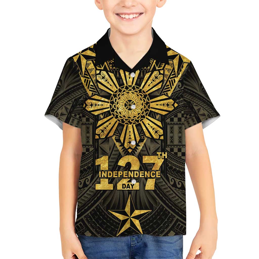 Personalised Philippines Independence Day Family Matching Summer Maxi Dress and Hawaiian Shirt Filipinos Sun Star Tribal LT05 Son's Shirt Gold - Polynesian Pride