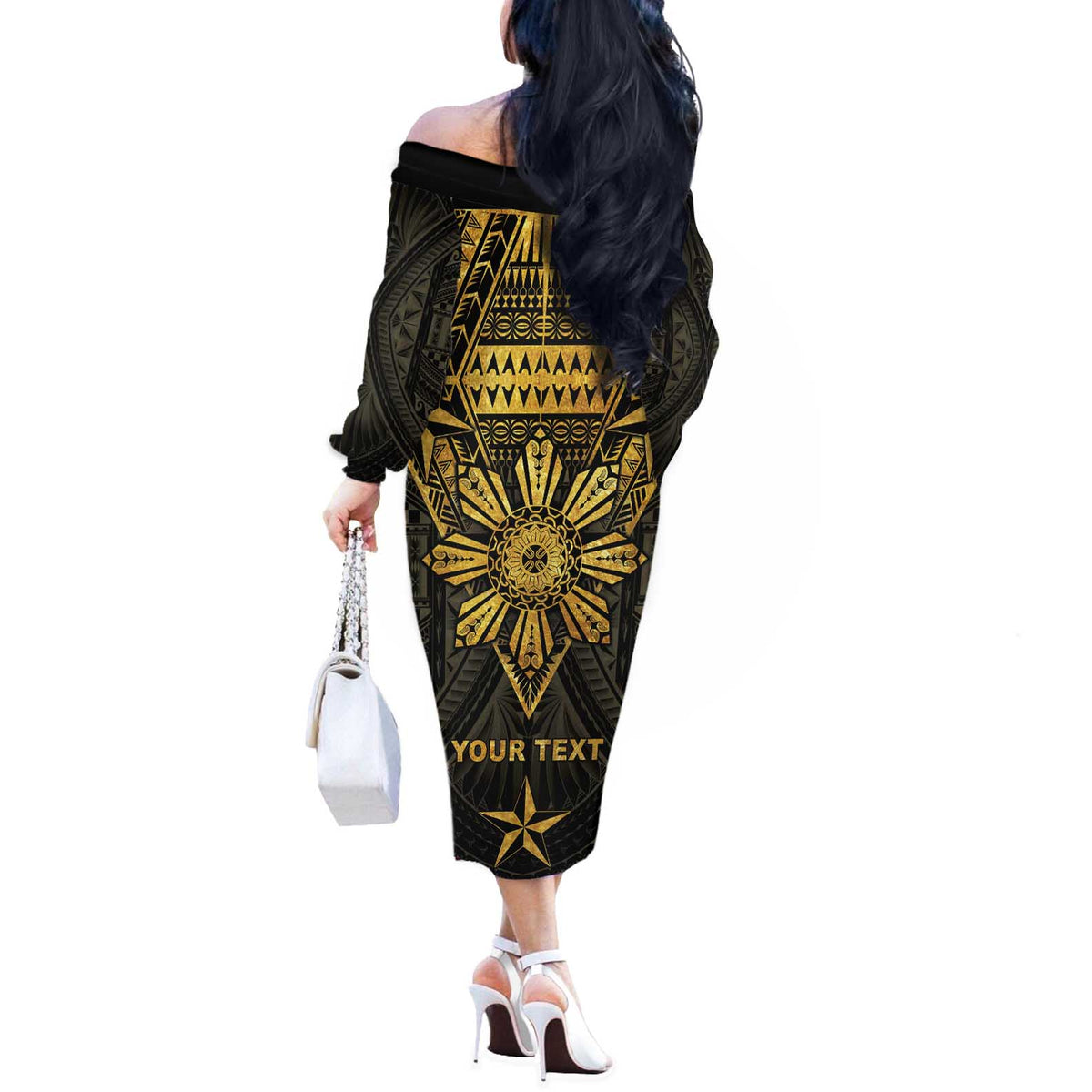 Personalised Philippines Independence Day Off The Shoulder Long Sleeve Dress Filipinos Sun Star Tribal