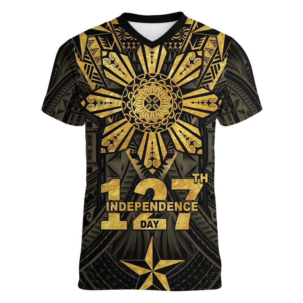 Personalised Philippines Independence Day Women V-Neck T-Shirt Filipinos Sun Star Tribal