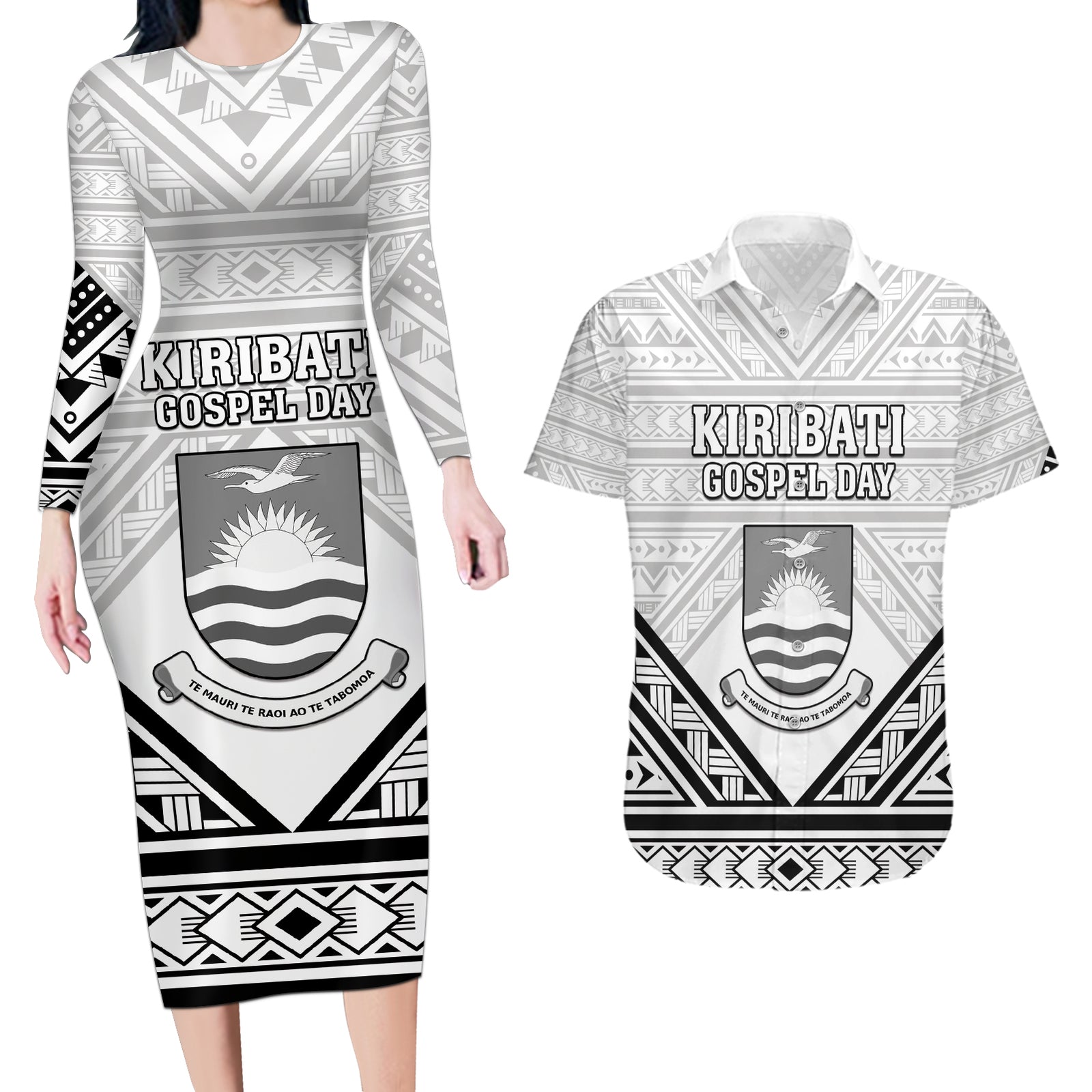 Personalised Kiribati Gospel Day Couples Matching Long Sleeve Bodycon Dress and Hawaiian Shirt Coat Of Arms Polynesian Pattern LT05 White - Polynesian Pride